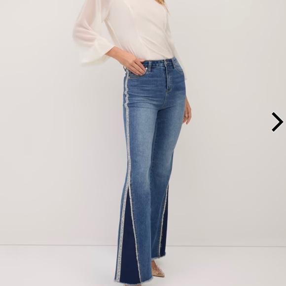 New York & Company Denim - Ultra High-Waisted Glitter-Embellished Side-Stripe Flare Jeans - Dark Wash